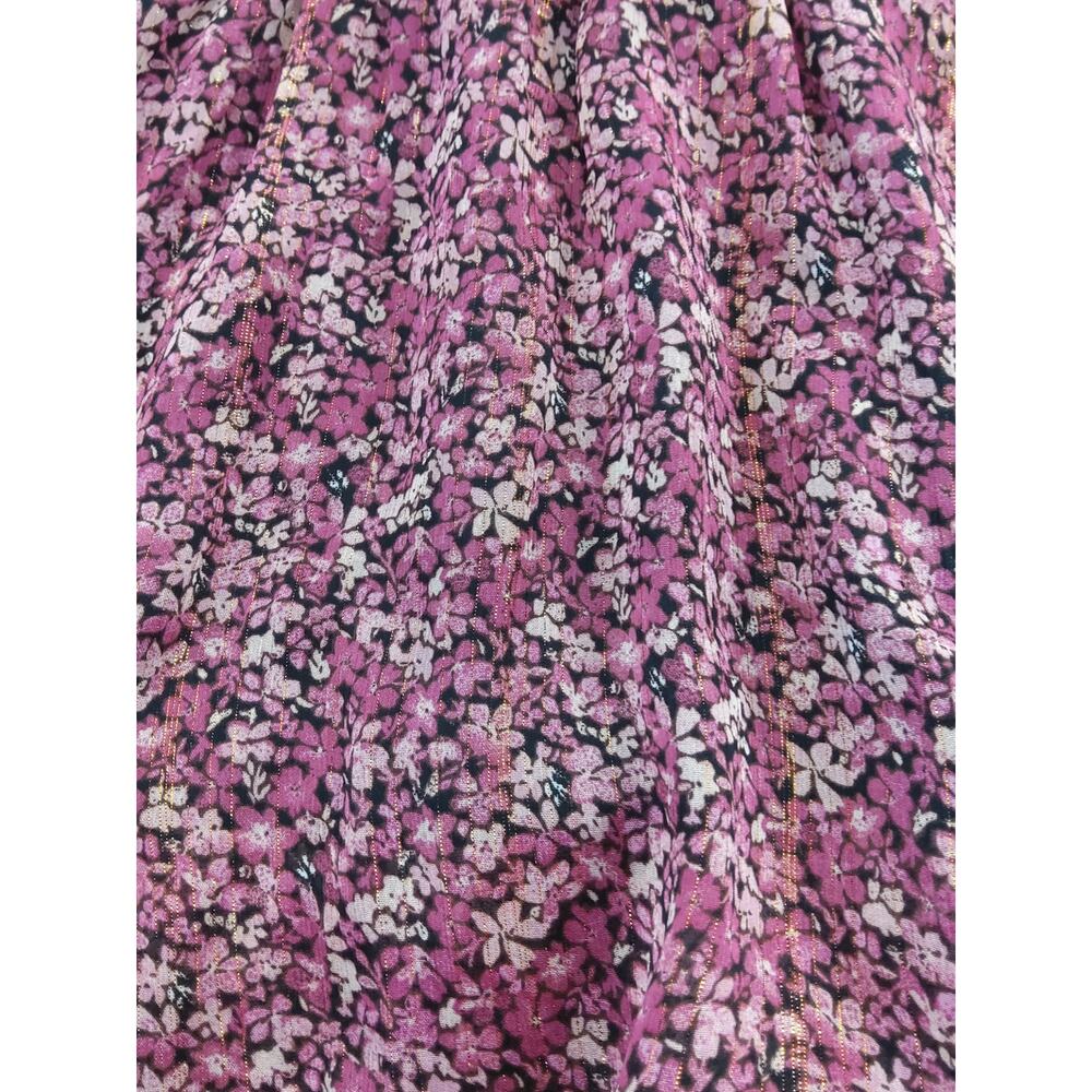 Coquette burgundy/pink Ditzy Floral dress mock waist, tiered Romantic Boho sheer - Picture 7 of 8